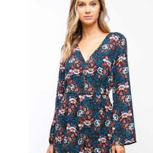 Black Blue Floral Long Sleeve Paisley Romper